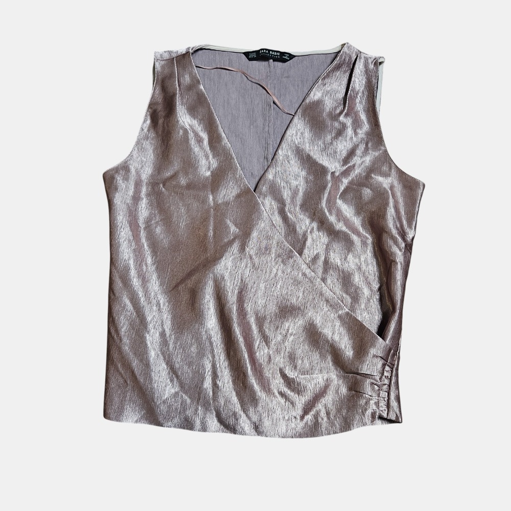 Zara Metallic Rose Gold Satin Top With Draped Detail XS Sleeveless Feminine